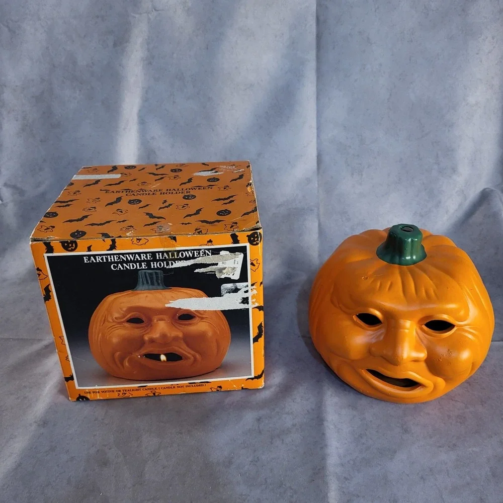 Vintage Jack o Lantern Pumpkin Earthware Halloween Candle Holder Ceramic 6